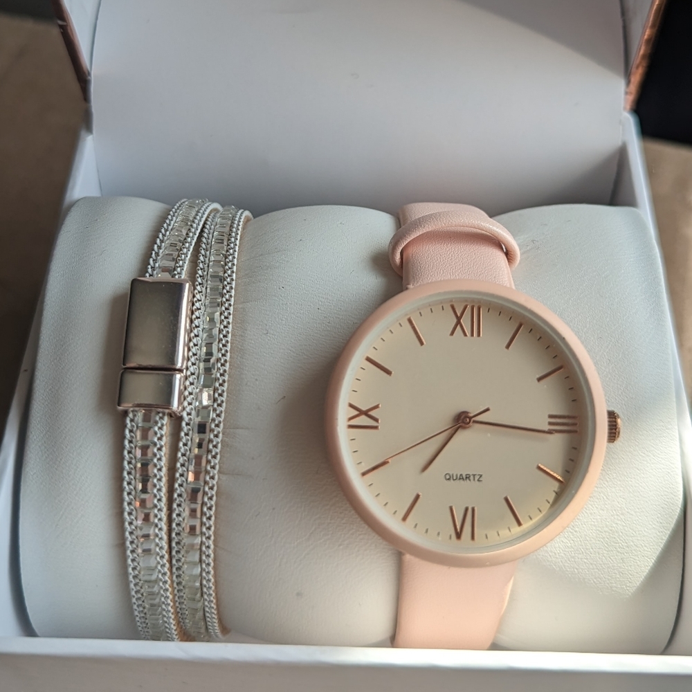 Brand New - Light Pink/Rose Gold Quartz Watch and Sparkly Bracelet Combo